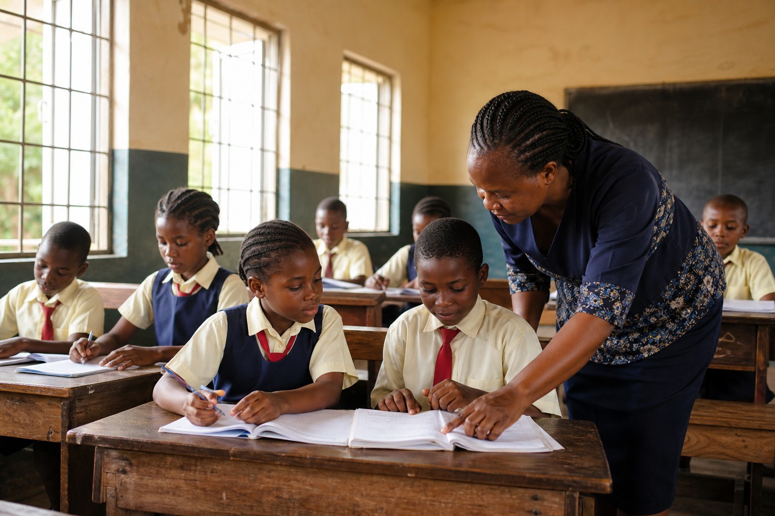 A teacher guiding pupils during a classroom lesson